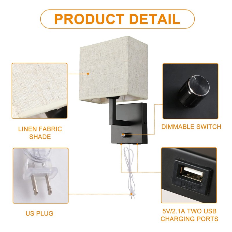 wkeessee Bedside Wall Mount Light with Dimmer Switch and Two
