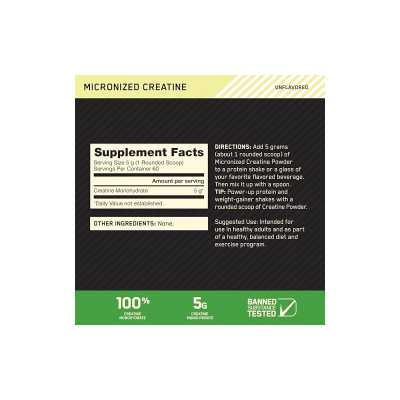 Optimum Nutrition Micronized Creatine Monohydrate Powder, Unflavored, 60 Servings, 300