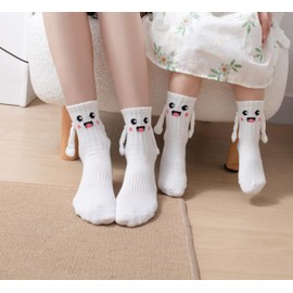 Yawlsow 2Pair Funny Family Holding Hands Socks,Magnetic Suction Adult+Kids Hand in Hand Socks,Parent-Child Smile Gift (4-5T, White:adult(1pair)+ M-kids(1pair))