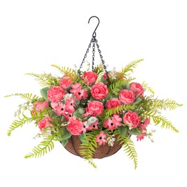Ammyoo Artificial Flowers in Hanging Basket Planter for Home Spring Summer Decoration, Silk Rose Peony Outdoor Indoor Arrangements, 12" Metal Coconut Lining Basket with Faux Plant(Light red)