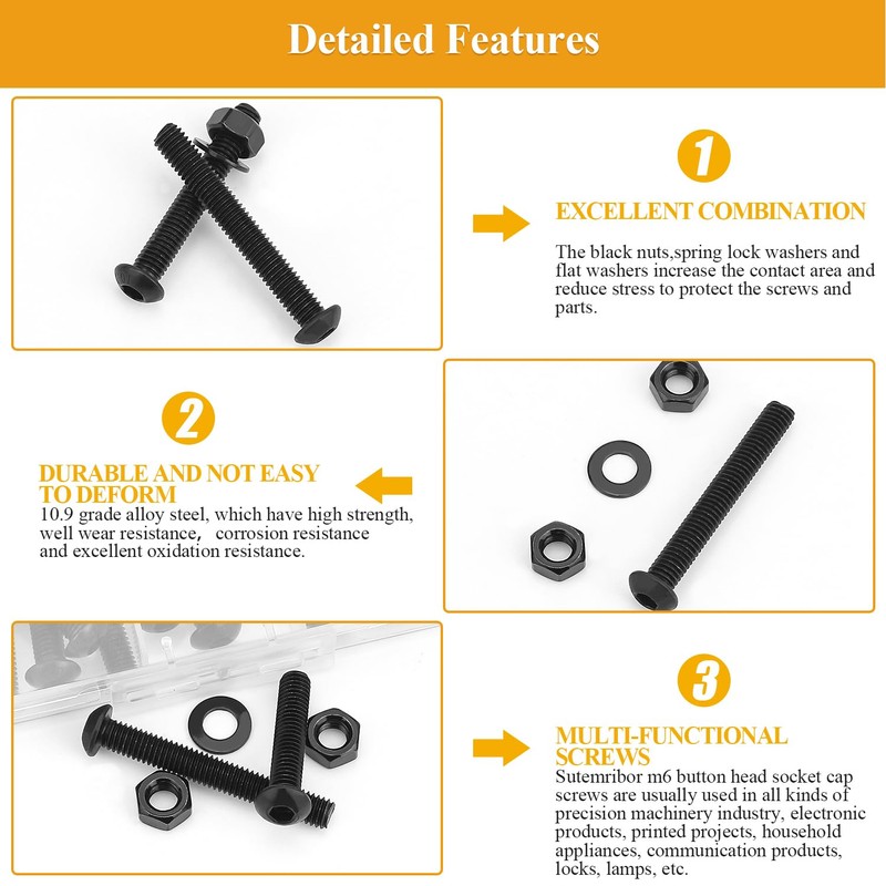 65 Pieces M6 x 30/35/40/45/50mm Button Head Socket Cap Screws