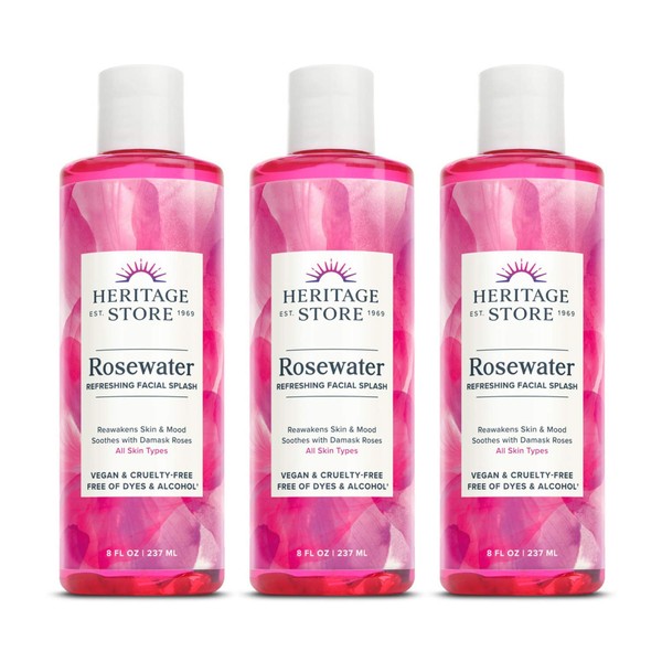 Heritage Store Rosewater, Refreshing Facial Splash for Glowing Skin, with Damask Rose, All Skin Types, Rose Water for Face Made Without Dyes or Alcohol, Vegan & Cruelty Free (8oz, 3pk)