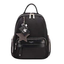 David Jones - Women's Small Backpack Fashion City - Girl's Shoulder Bag Nylon Soft PU Leather - Mini Multi-Pocket School Bag Zip Closure - Fashion Backpack Modern Trendy Designer - Black, Black, One
