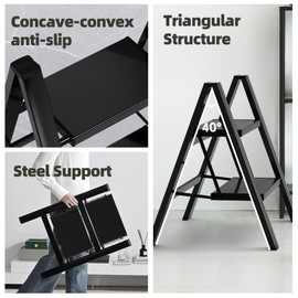 HillhutApex 2 Step Ladder, Lightweight Portable 2 Step Stool with Anti-Slip Wide Pedal, 330lbs Capacity Aluminum Ladder for Household,Office,Library(Black)