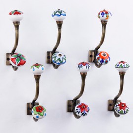 Indian Shelf Pack of 6 Heavy Duty Double Prong Multicolor Decorative Coat Hooks Unique Coat Rack Wall Mount Ceramic Wall Hooks for Hanging Towel Holder Backpack Purse Hanger- Style 10