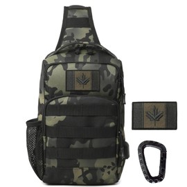 Tactical Sling Backpack, Molle Shoulder Backpacks Military Chest Pack Bag Crossbody Outdoor Bags with USB Charging port, CA Flag Patch and Carabiner(1 Pack Grey Camo)