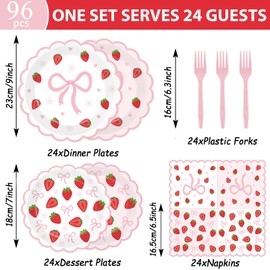 96Pcs Strawberry Party Plates and Napkins Bow Berry Sweet Scalloped Birthday Plates Party Supplies Pink Coquette Strawberry Tableware for Girls Baby Shower Wedding Birthday Decor 24 Guests
