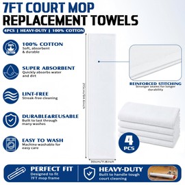 4 Pack Replacement Towels for Basketball Court Mops, 7ft Gym Mop Replacement Sleeves, 100% Cotton Heavy Duty Mop Covers for Gym Floors, Hardwood Courts, Wrestling Mats & Commercial Cleaning