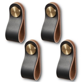 HOOZ Pack of 4 PU Leather Handles for Furniture, Cabinet Knobs with Screws, Handmade Handle Furniture Knobs, PU Leather Knob Cabinet Handle for Kitchen Cabinets, Wardrobe (14 cm x 2.5 cm) (Black)