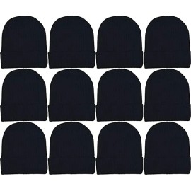 Unbranded Men's Knit Black Beanie Warm Thick Lined Hat Winter Skull Cap Unisex Wholesale - 12 Pack