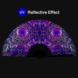 Raveahem UV Glow Rave Fan, Bamboo Folding Clack Hand Fan for Men Women (Space Psychedelic, Medium 11")