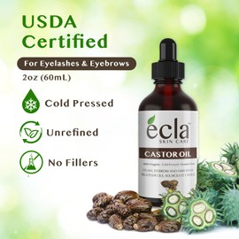 Ecla Castor Oil for Eyelashes and Eyebrows - 60mL 100% Pure Cold Pressed Castor Oil, Hair Oil - Eyelash Eyebrow, Pure Castor Oil for Hair Beard+ Eyeliner Brush, Spoolie