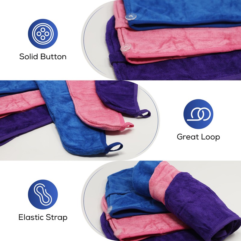 DK Essentials Premium Microfibre Hair Towels (65x25, Blue, Pink, Purple)
