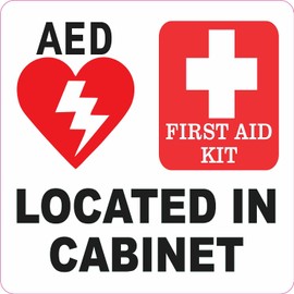 StickerTalk AED and First Aid Kit Located in Cabinet Vinyl Sticker, 5 inches by 5 inches