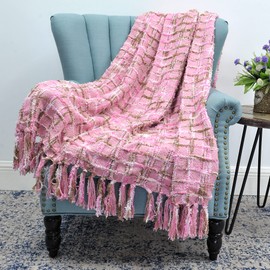 BYTIDE Multicolored Chenille Knitted Throw Soft Cozy Fluffy Reversible Boho Plaid Throw Blanket with Tassels for Couch Chair Bed Cover Living Room Bedroom Décor, 50" x 60", Light Pink
