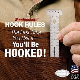 Woodpeckers Hook Rule, 300mm, Stainless Steel Metric Woodworking Ruler That Hooks onto Work Edge, L2R & R2L Engraved Scales, T-Ruler Made in USA