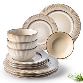 GBHOME Ceramic Dinnerware Sets, 12 Piece Embossed Elegant Stoneware Plates and Bowls Sets, Housewarming Wedding Gift | Dishwasher & Microwave Safe | Dishes Set Service for 4