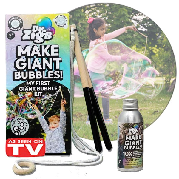 Dr Zigs Giant Bubbles for Kids - Easy to Use Sensory Toys, All-in-One Kit with Giant Bubble Wand and Bubble Solution. Plant-Based Bubble Mixture Makes 1000's of Magnificent Bubbles.