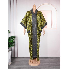 HD African Print Boubou Dress for Woman Rhinestone Yellow Kaftan Casual Gown Half Sleeves