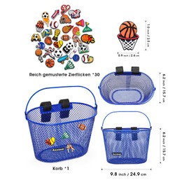 ANZOME Children's Bicycle Basket, Metal Bicycle Basket Front Children for Girls and Boys, Handlebar Basket with 30 Cute Clips & Velcro Fasteners, Waterproof, Removable, Gifts for Children (Sports