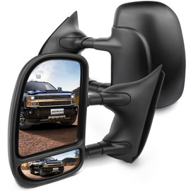 For 99-07 Ford F250 F350 Pickup Truck Power Heated Dual Arm Telescopic Black Textured Folding View Mirror Pair Set Left Driver and Right Passenger Side 61095-96F (2000 2001 2002 2003 2004 2005)