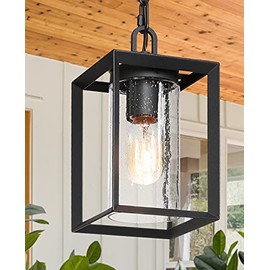 LALUZ Outdoor Hanging Lantern 1-Light Pendant Light with Seeded Glass, Farmhouse Exterior Hanging Light Fixture in Sanded Black Finish for Porch Foyer Patio