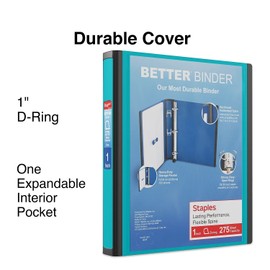 Staples Better 1-Inch, 3-Ring View Binder, Holds up to 275 Sheets, 1 Interior Pocket, Perfect 3-Ring Binder for Reports (Teal)