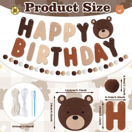 MBAIYO Bear Happy Birthday Garland Banner, Birthday Decoration Set with Vintage Bunting and Cute Pompom Garland, Brown Bear Party Decoration, Birthday Garland for Adults, Children, Girls, Women