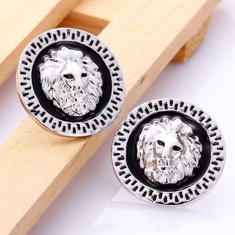 Yellow Gold Plated Black Round Earrings Stud Push Back Lion