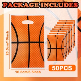 Pokuta 50pcs Basketball Party Favor Bags, Plastic Basketball Gift Bags with Handle, 10 x 6.5 inch Candy Bag for Birthday Party, Christmas