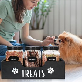Dog Treat Container, Wood Dog Food Storage Container Holder with 3 Plastic Dog Treat Jars, Farmhouse Dog Food Storage Cat Treat Container, Pet Food Storage Container for Dog, Cat, Small Animal