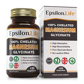 Epsilon Magnesium Glycinate Supplements - Chelated Magnesium Bisglycinate Supplement - 120 Easy to Take Vegan Capsules - 500mg Unbuffered Magnesium-Glycinate per Capsule - UK-Made