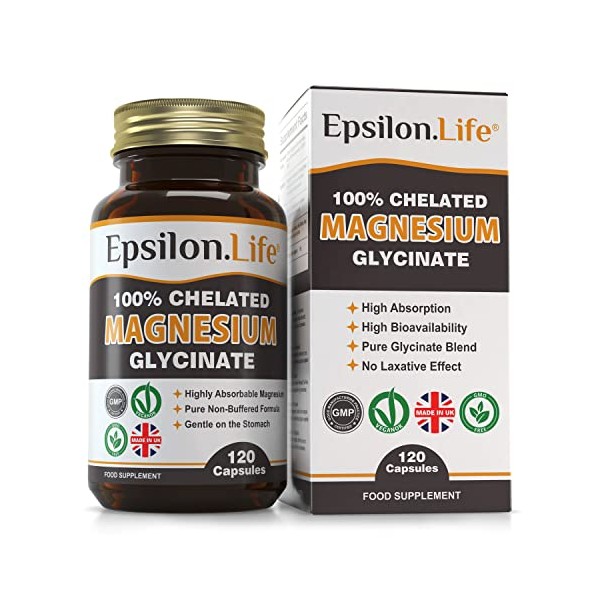 Epsilon Magnesium Glycinate - Chelated Magnesium Bisglycinate Supplement - 120 Easy to Take Vegan Capsules