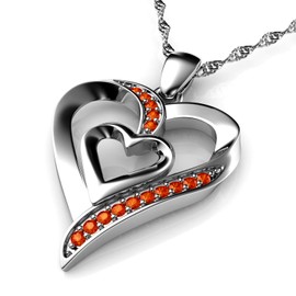 DEPHINI - Heart Necklace - 925 Sterling Silver - Double Love Heart Pendant - orange CZ Crystals - Fine Jewelry - 18" Rhodium Plated Silver Chain