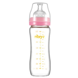 Matyz 8 Ounce Glass Baby Feeding Bottle with Nipple, Light and Slim Bottle Easy to Hold, Food Grade Borosilicate Glass, Wide Neck Breastmilk Feeding Bottle Easy to Clean, No BPA (Pink Lids)