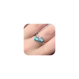 14K Wihte Gold Plated Double Heart Love Cut CZ Cubic Zirconia Wedding Band Engagement Bridal Ring 925 Silver Hug Birthstone Rings for Women Promise Statement Ring Size 6-10(Blue 7#)