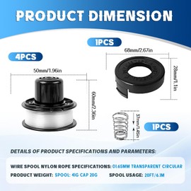 CHIHOLEN Grass Trimmer Line Spool Compatible with A6226-XJ A6226 RS-136-BKP RS-136, for Black+Decker GL250, GL310, GL360, GL360SB, CST500, CST800, Diameter 1.65 mm - 6.1 m Length (4 Spools + 1 cap+1