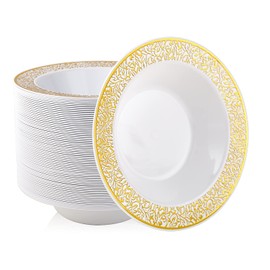 JOLLY PARTY 60 Disposable Gold Plastic Dessert Bowls, 12 oz Soup Bowls, Lace Christmas Thanksgiving Trim, Premium Heavy Duty Plastic Bowl for Wedding/Party (Gold)