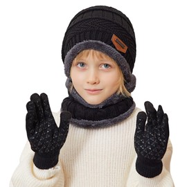 TMEOG Winter Hat Children's Scarf Gloves Set, Knitted Hat Toddler Loop Scarf with Fleece Lining Touchscreen Gloves Hat, Scarf & Glove Sets for Boys Girls 5-10 Years, G# Hat&Scarf&Gloves_Black