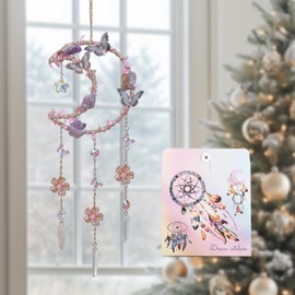 Sun Catcher, Dreamsum 14.96 in Dream Catcher for Girls Butterfly Crystals Sun Catchers Indoor Window with Colored Natural Stone Hanging for Bedroom Home Decor Bless Gift Wedding Party (Pink)