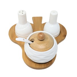 Ceramic Condiment Set with Bamboo Base – Salt and Pepper Shakers with Sugar Jar, Spoon & Wooden Lid – Kitchen & Dining Table Organizer JR5002