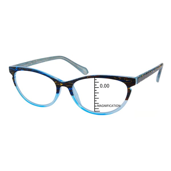 ProEyes Gemini, Progressive Multifocal Reading Glasses, Zero Magnification on Top Lens, Anti Blue Light Resin Lens (Blue, 3.00 x)