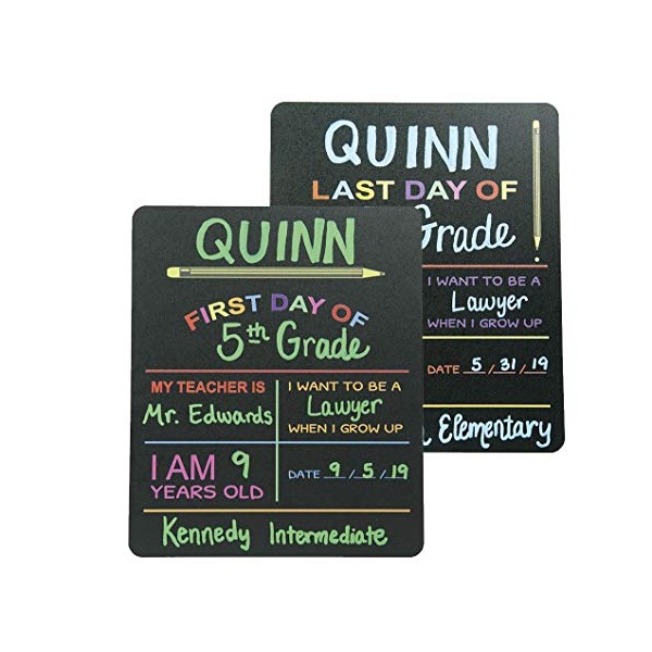 Reusable My First Day and Last of School Set Milestone Chalkboard Sign. Photo Prop Board for Kids, Black w/color print - 12” x 10” rectangle