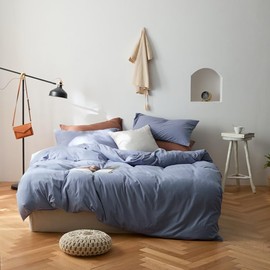 Comfortable & Soft 3 Piece Gentle Breathable Texture Cotton Duvet Cover Queen Size Solid Hued Tidy Design | All Seasons Fall Bedding Light Blue Color Zipper Closure Warm Plush Cozy Luxury