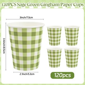 120Pcs Sage Green and White Gingham Paper Cups - 9oz Disposable Plaid Solo Cups Checkered Drinking Cups for Birthday Baby Shower Fiesta Picnic Party Supplies