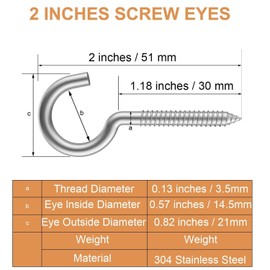 50pcs 2” 304 Stainless Screw Eyes Small Eyelet Screws Lag Eyebolt Steel Heavy Duty Hook Duty Lag Thread Eyebolt (50 pcs 2")