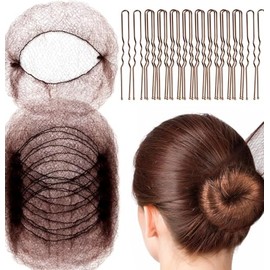 100Pcs Hair Net and Pin Set - 50Pcs 20" Invisible Mesh Hair Nets and 50Pcs U Shaped Bobby Pins for Dance, Food Service, Styling (Brown)