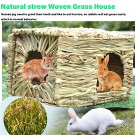 Rabbit Grass House - Natural Hand Woven SeagrassFolding Play Hay Bed Hideaway Hut Toy for Bunny Hamster Guinea Pig Chinchilla Bed Hut withHamster Nest