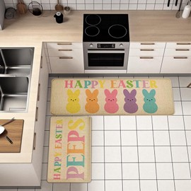 Happy Easter Kitchen Floor Mat Set of 2, Non-Slip Absorbent Rugs and Door Mats, Spring Seasonal Bunny Decorative Home Kitchen Doormat 17x29 and 17x47 Inch DM138