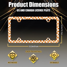 Orange White Checkerboard License Plate Frame Colorful Checkered Mosaic Elements License Plate Personalise Stainless Steel Rust-Proof Auto Parts Funny License Plate Cover Decoration Screws 12.3"x 6.3"